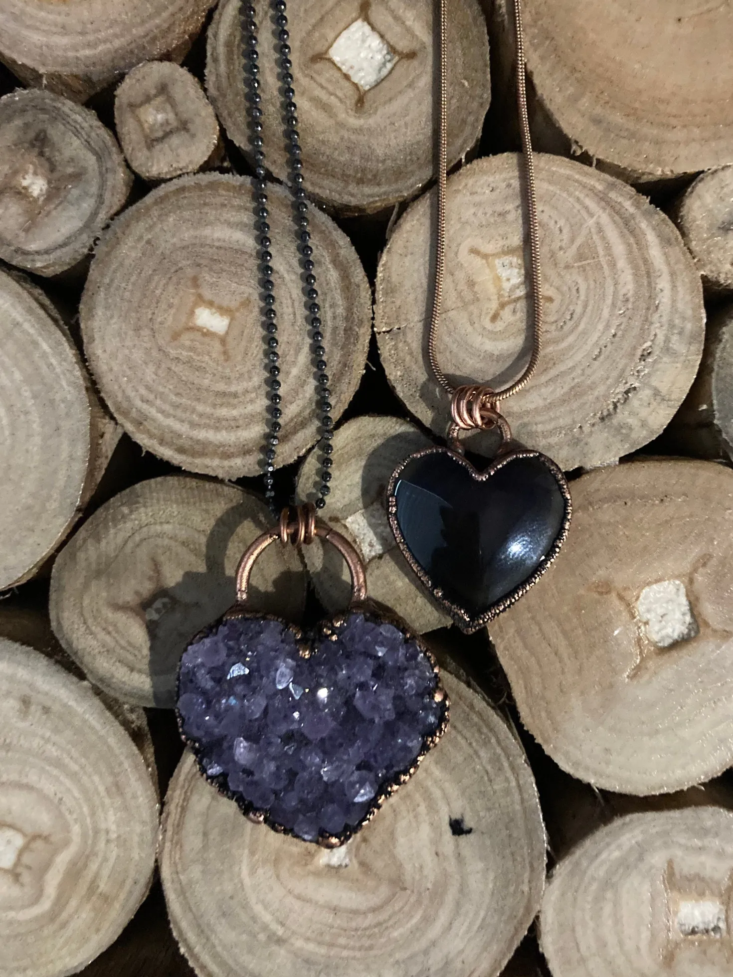 Amethyst Druzy Heart or Rainbow Obsidian Heart Necklace